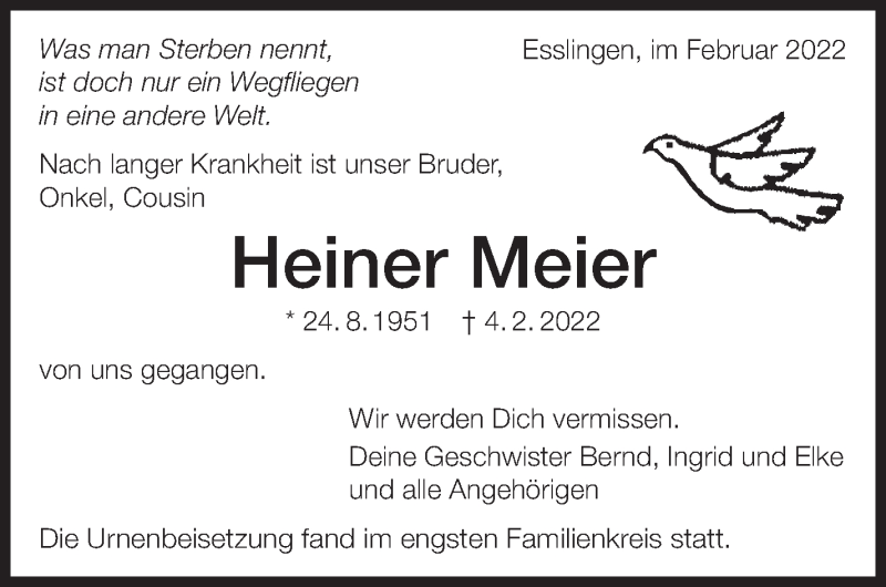  Traueranzeige für Heiner Meier vom 24.02.2022 aus Eßlinger Zeitung/Cannstatter Zeitung