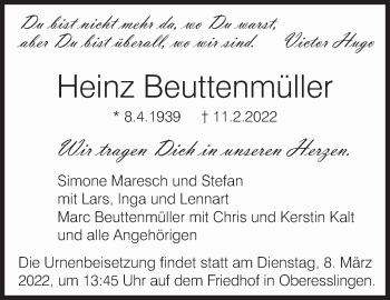 Traueranzeige von Heinz Beuttenmüller von Eßlinger Zeitung/Cannstatter Zeitung