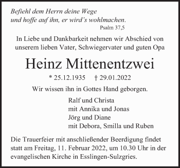 Traueranzeige von Heinz Mittenentzwei von Eßlinger Zeitung/Cannstatter Zeitung
