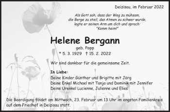 Traueranzeige von Helene Bergann von Eßlinger Zeitung/Cannstatter Zeitung