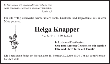 Traueranzeige von Helga Knapper von Eßlinger Zeitung/Cannstatter Zeitung