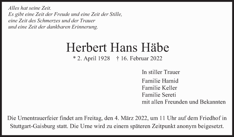  Traueranzeige für Herbert Hans Häbe vom 19.02.2022 aus Eßlinger Zeitung/Cannstatter Zeitung
