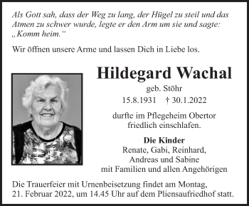 Traueranzeige von Hildegard Wachal von Eßlinger Zeitung/Cannstatter Zeitung