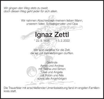 Traueranzeige von Ignaz Zettl von Eßlinger Zeitung/Cannstatter Zeitung