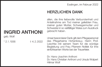 Traueranzeige von Ingrid Anthoni von Eßlinger Zeitung/Cannstatter Zeitung