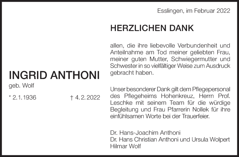  Traueranzeige für Ingrid Anthoni vom 26.02.2022 aus Eßlinger Zeitung/Cannstatter Zeitung