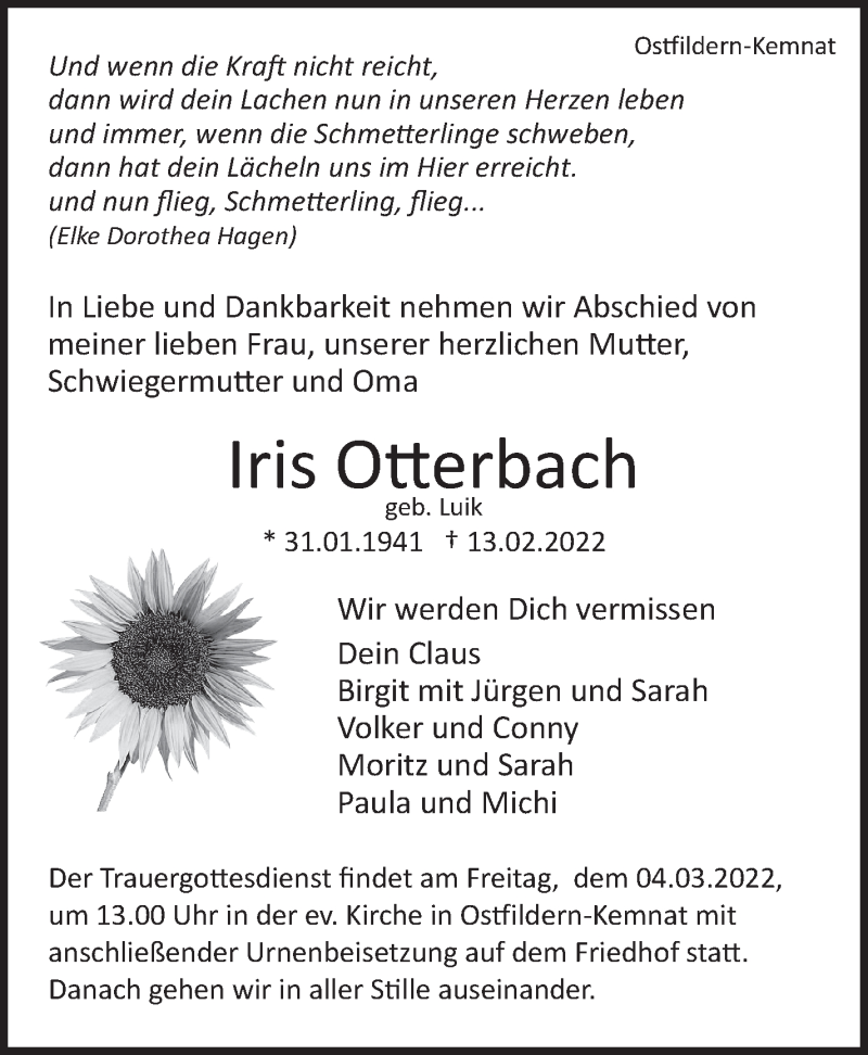  Traueranzeige für Iris Otterbach vom 19.02.2022 aus Eßlinger Zeitung/Cannstatter Zeitung
