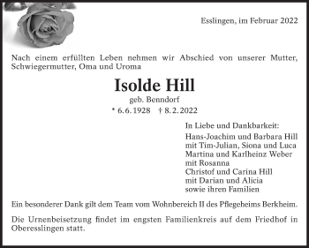 Traueranzeige von Isolde Hill von Eßlinger Zeitung/Cannstatter Zeitung