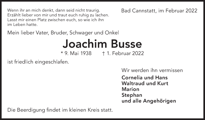  Traueranzeige für Joachim Busse vom 05.02.2022 aus Eßlinger Zeitung/Cannstatter Zeitung