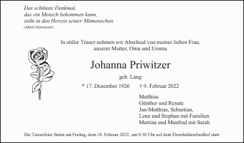 Traueranzeige von Johanna Priwitzer von Eßlinger Zeitung/Cannstatter Zeitung
