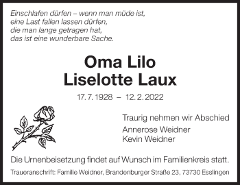 Traueranzeige von Lilo Liselotte Laux von Eßlinger Zeitung/Cannstatter Zeitung