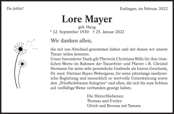 Traueranzeige von Lore Mayer von Eßlinger Zeitung/Cannstatter Zeitung