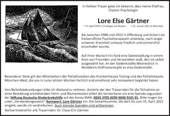 Traueranzeige von Lore ELse Gärtner von Eßlinger Zeitung/Cannstatter Zeitung