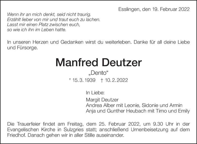  Traueranzeige für Manfred Deutzer vom 19.02.2022 aus Eßlinger Zeitung/Cannstatter Zeitung