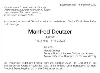 Traueranzeige von Manfred Deutzer von Eßlinger Zeitung/Cannstatter Zeitung