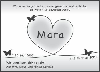 Traueranzeige von Mara Schmid von Eßlinger Zeitung/Cannstatter Zeitung