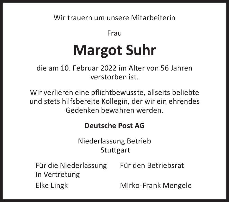  Traueranzeige für Margot Suhr vom 26.02.2022 aus Eßlinger Zeitung/Cannstatter Zeitung