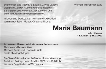 Traueranzeige von Maria Baumann von Eßlinger Zeitung/Cannstatter Zeitung
