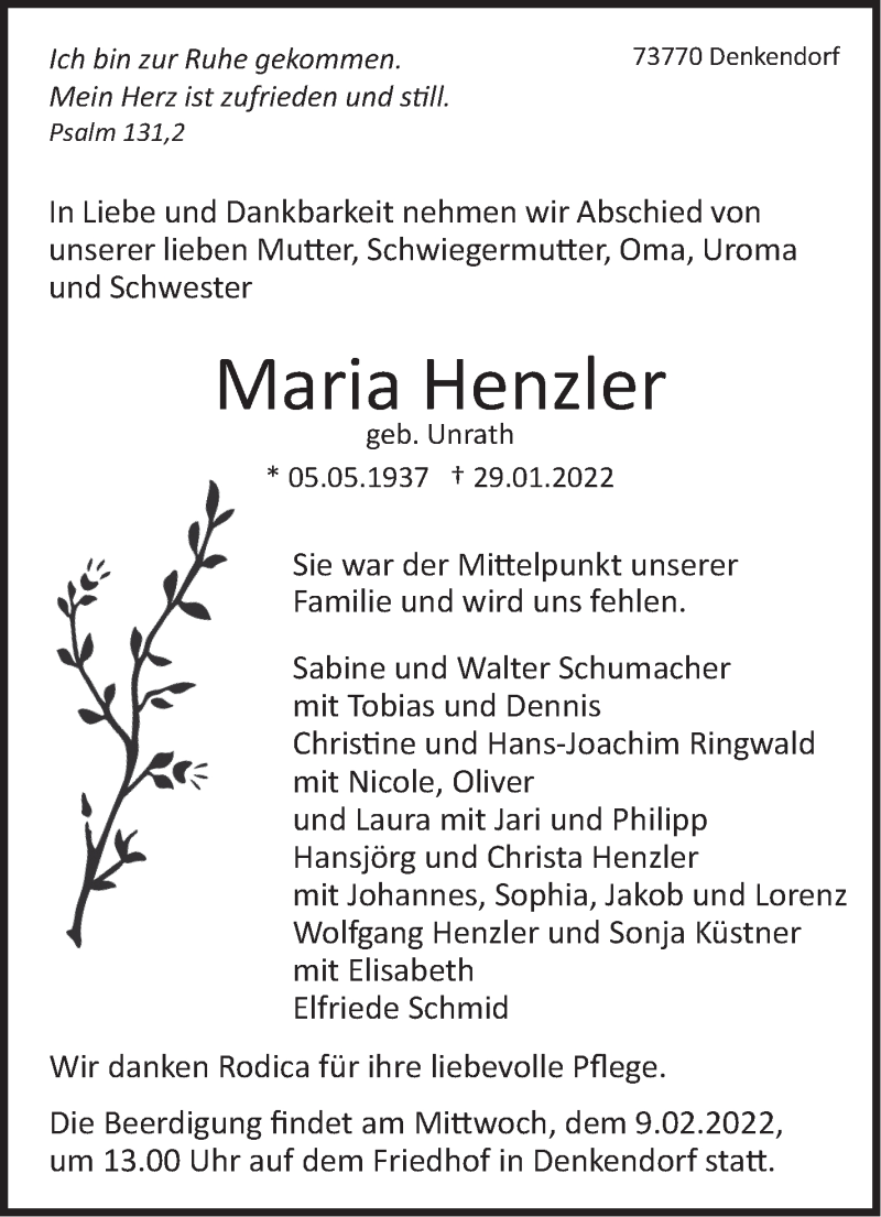  Traueranzeige für Maria Henzler vom 04.02.2022 aus Eßlinger Zeitung/Cannstatter Zeitung