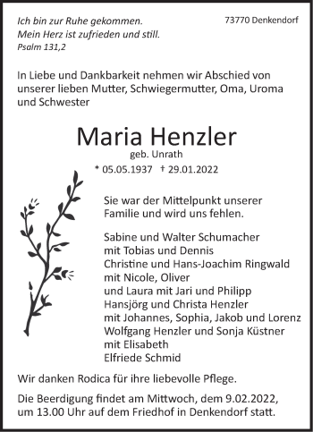 Traueranzeige von Maria Henzler von Eßlinger Zeitung/Cannstatter Zeitung