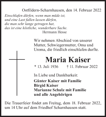 Traueranzeige von Maria Kaiser von Eßlinger Zeitung/Cannstatter Zeitung