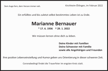 Traueranzeige von Marianne Bernauer von Eßlinger Zeitung/Cannstatter Zeitung