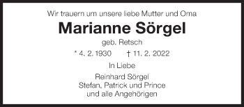 Traueranzeige von Marianne Sörgel von Eßlinger Zeitung/Cannstatter Zeitung