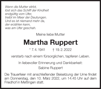 Traueranzeige von Martha Ruppert von Eßlinger Zeitung/Cannstatter Zeitung