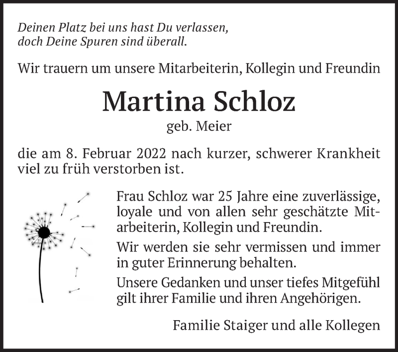 Traueranzeige für Martina Schloz vom 22.02.2022 aus Eßlinger Zeitung/Cannstatter Zeitung