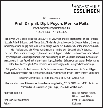 Traueranzeige von Monika Peitz von Eßlinger Zeitung/Cannstatter Zeitung
