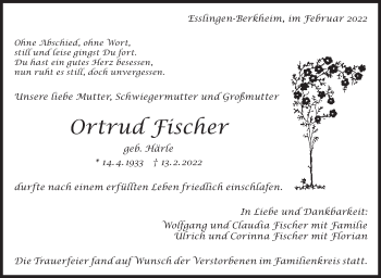 Traueranzeige von Ortrud Fischer von Eßlinger Zeitung/Cannstatter Zeitung