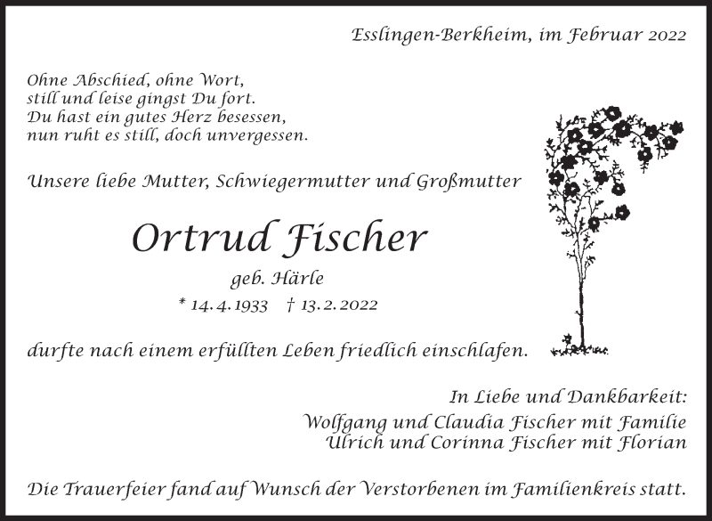  Traueranzeige für Ortrud Fischer vom 26.02.2022 aus Eßlinger Zeitung/Cannstatter Zeitung