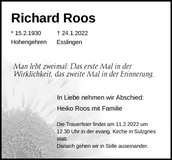 Traueranzeige von Richard Roos von Eßlinger Zeitung/Cannstatter Zeitung
