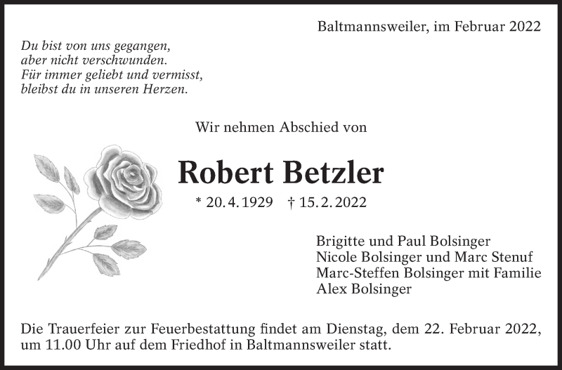  Traueranzeige für Robert Betzler vom 19.02.2022 aus Eßlinger Zeitung/Cannstatter Zeitung
