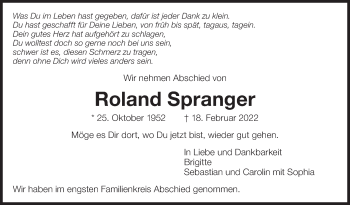 Traueranzeige von Roland Spranger von Eßlinger Zeitung/Cannstatter Zeitung