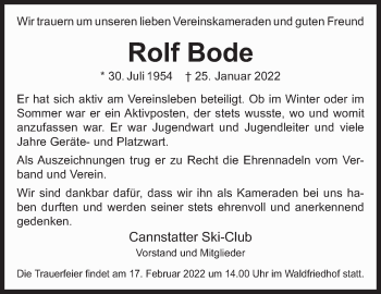 Traueranzeige von Rolf Bode von Eßlinger Zeitung/Cannstatter Zeitung