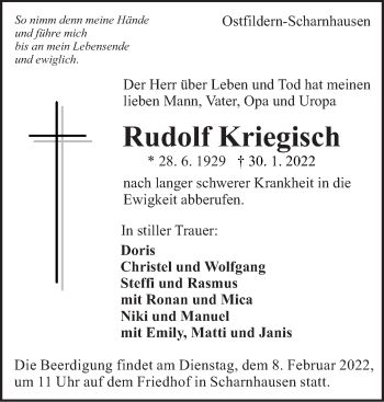 Traueranzeige von Rudolf Kriegisch von Eßlinger Zeitung/Cannstatter Zeitung