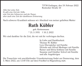Traueranzeige von Ruth Kübler von Eßlinger Zeitung/Cannstatter Zeitung