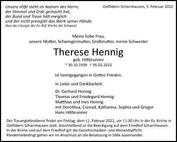 Traueranzeige von Therese Hennig von Eßlinger Zeitung/Cannstatter Zeitung