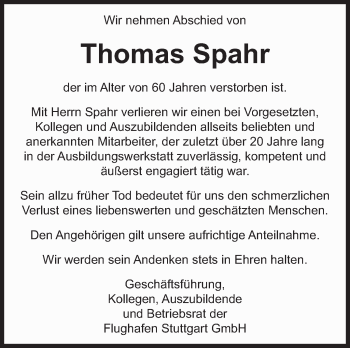 Traueranzeige von Thomas Spahr von Eßlinger Zeitung/Cannstatter Zeitung