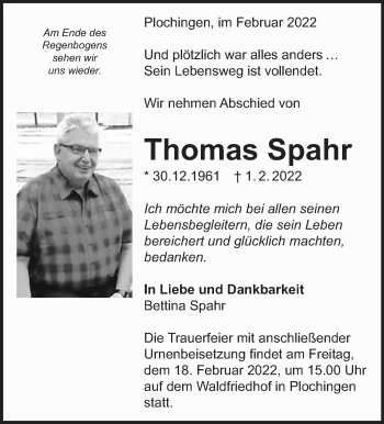 Traueranzeige von Thomas Spahr von Eßlinger Zeitung/Cannstatter Zeitung