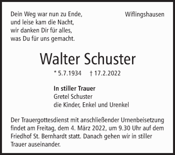Traueranzeige von Walter Schuster von Eßlinger Zeitung/Cannstatter Zeitung