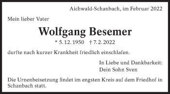 Traueranzeige von Wolfgang Besemer von Eßlinger Zeitung/Cannstatter Zeitung