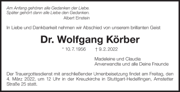 Traueranzeige von Wolfgang Körber von Eßlinger Zeitung/Cannstatter Zeitung