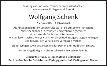 Traueranzeige von Wolfgang Schenk von Eßlinger Zeitung/Cannstatter Zeitung