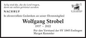 Traueranzeige von Wolfgang Strobel von Eßlinger Zeitung/Cannstatter Zeitung
