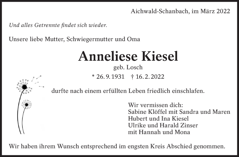  Traueranzeige für Anneliese Kiesel vom 09.03.2022 aus Eßlinger Zeitung/Cannstatter Zeitung