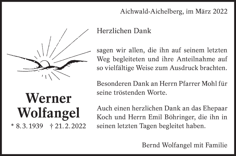  Traueranzeige für Bernd Wolfangel vom 19.03.2022 aus Eßlinger Zeitung/Cannstatter Zeitung