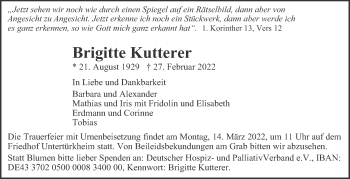 Traueranzeige von Brigitte Kutterer von Eßlinger Zeitung/Cannstatter Zeitung
