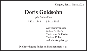 Traueranzeige von Doris Goldsohn von Eßlinger Zeitung/Cannstatter Zeitung